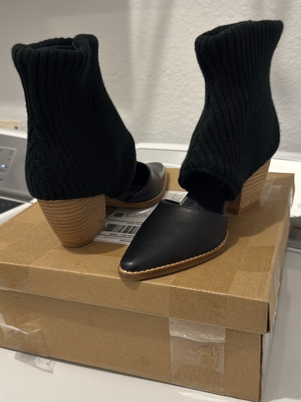 Women's Black Sock Boot Mules with Stacked Heel